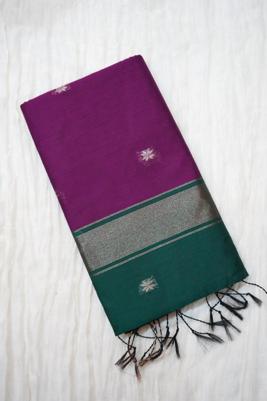 Maheshwari Silk Cotton Saree – Contrast Pallu & Blouse | House of Kiraa, Green & Purple