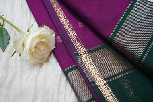 Maheshwari Silk Cotton Saree – Contrast Pallu & Blouse | House of Kiraa, Green & Purple