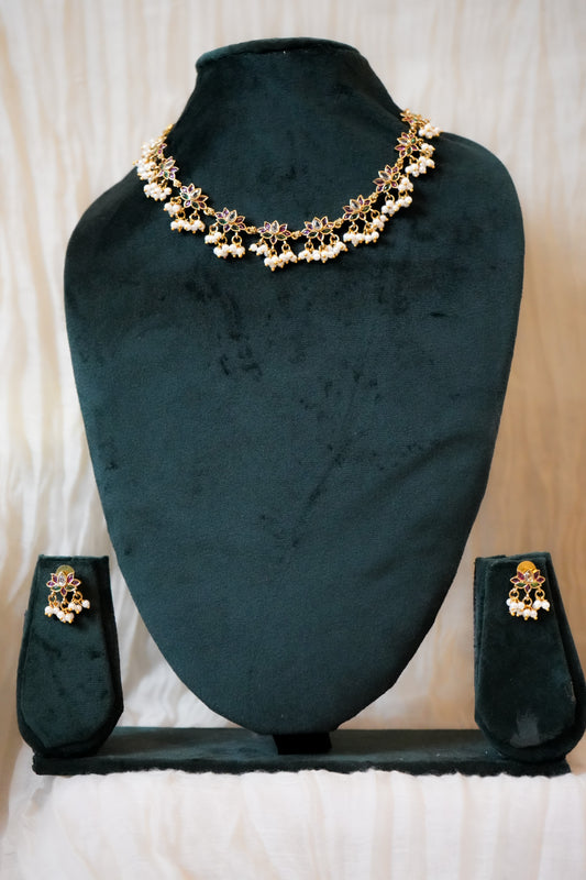 Lotus Pearl Necklace | Dainty Indian Floral Jewellery with Kundan & Pearls | Adjustable Festive Wedding Necklace
