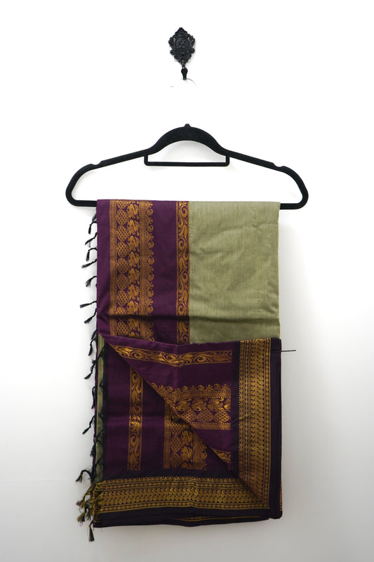Maheshwari Silk Cotton Saree – Contrast Pallu & Blouse, Sage & Vadamalli tone | House of Kiraa
