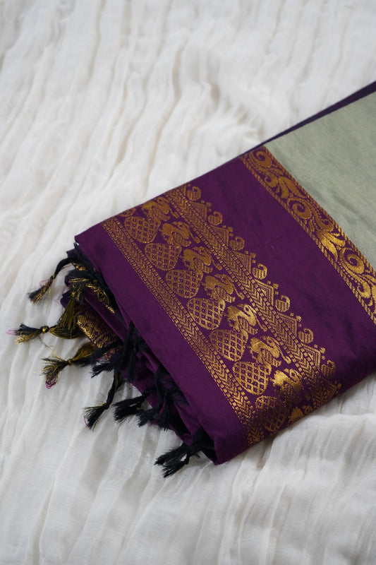 Maheshwari Silk Cotton Saree – Contrast Pallu & Blouse, Sage & Vadamalli tone | House of Kiraa
