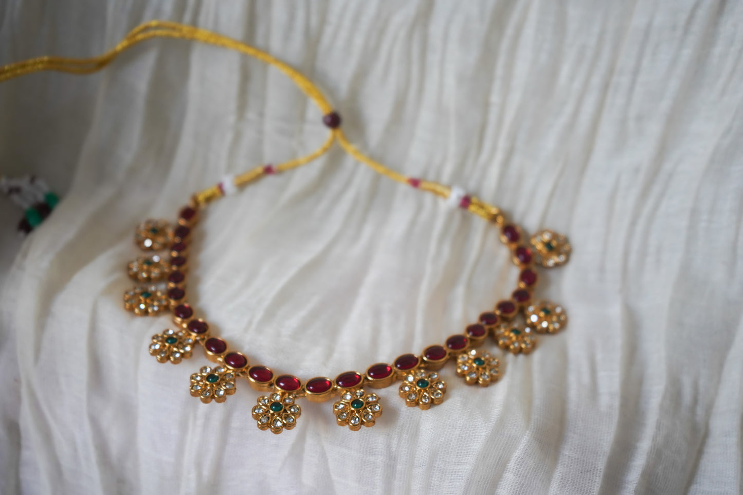 Gold-Plated Red Floral Necklace and Earrings Set