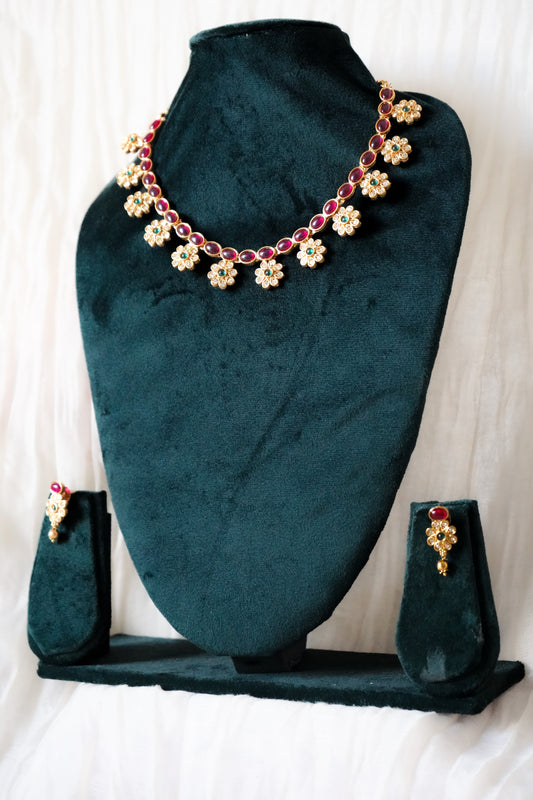 Gold-Plated Red Floral Necklace and Earrings Set