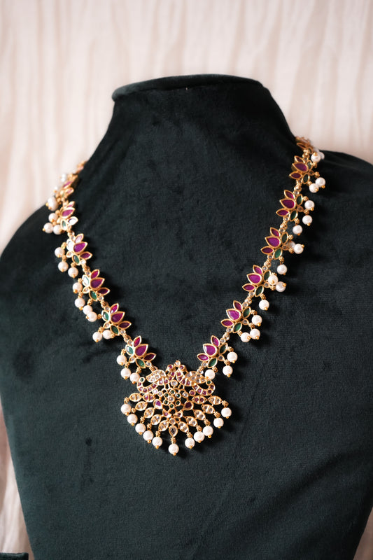 Lotus Motif Necklace & Earrings Set | Pearl Detailing | Traditional Jewellery