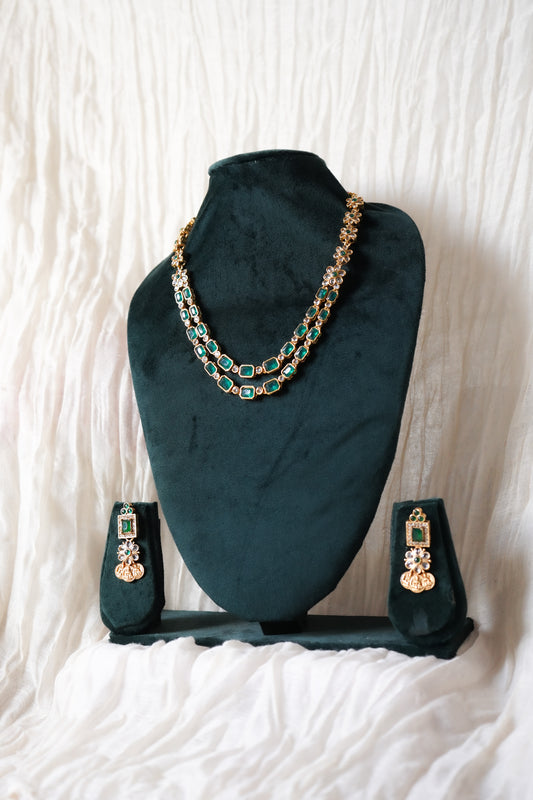 Two-Layer Green Stone Necklace with Coin Earrings | House of Kiraa