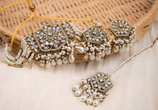 Pearl & Kundan Choker Necklace Set with Earrings & Maang Tikka | House of Kiraa