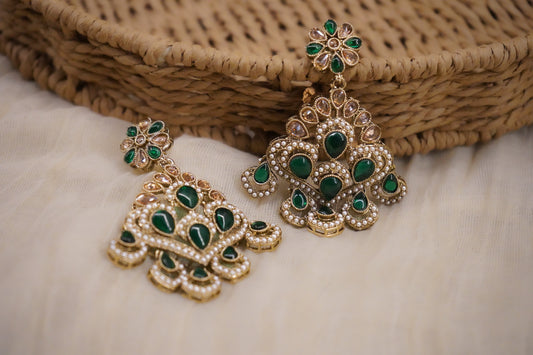 Green Stone & Pearl Jhumka Earrings with Matching Maang Tikka | House of Kiraa