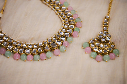 Mirror and Blush, Turqouise Bead Necklace Set—Heavy Bridal Style Choker with Matching Jhumkas