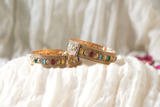 Multicolour Stone Gold-Tone Bangles | House of Kiraa, size 2.4