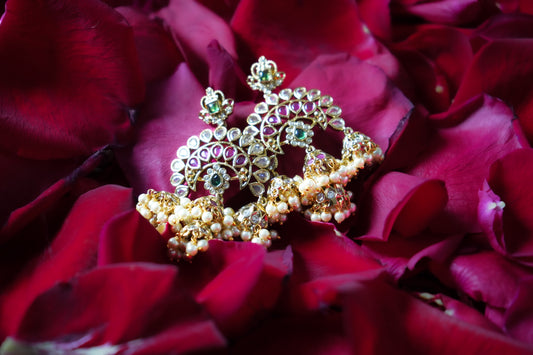 Gold Kundan Jhumka Earrings with Ruby & Emerald Detailing – House of Kiraa