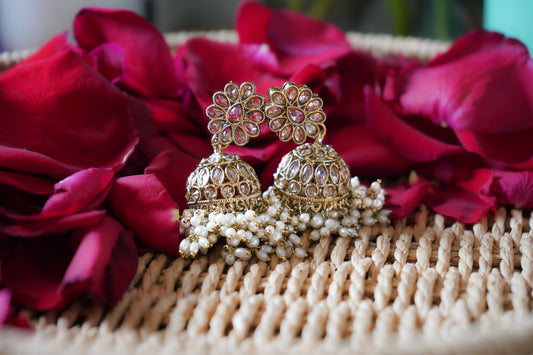Gold-Plated Kundan Jhumka Earrings with Pearl Detailing
