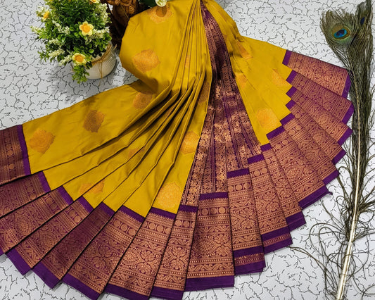 Mangalyam Korvai Kottanji Tana Soft Silk Saree – Copper Zari, Yellow & Purple | House of Kiraa