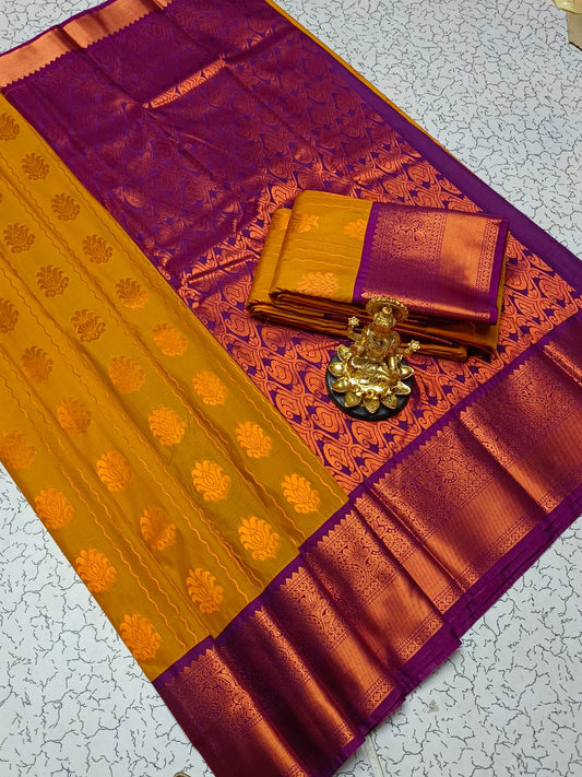 Dharmavaram Korvai Silk Saree – Sunrise tones, Mustard & Purple
