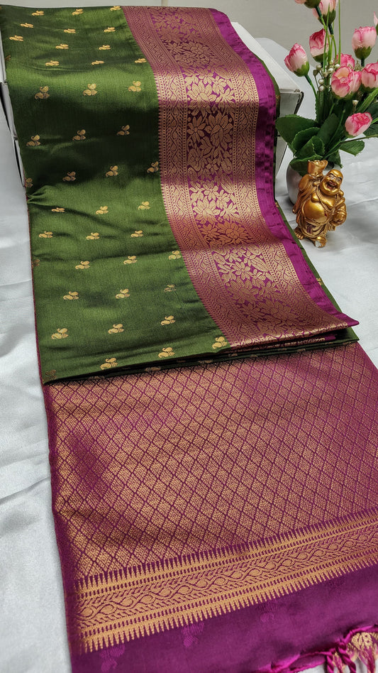 Luxury Soft Silk saree with Statement Border —Sage green, Magenta