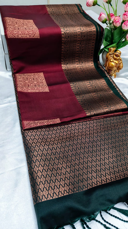 Luxury Soft Silk saree with Statement Border —Deep red, Forest green border