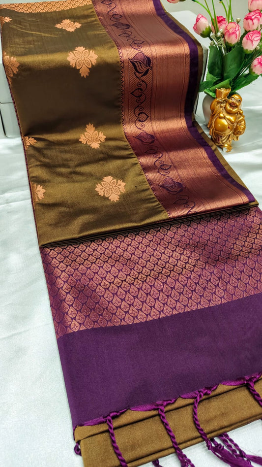 Luxury Soft Silk saree with Statement Border —Khaki Green, Purple border
