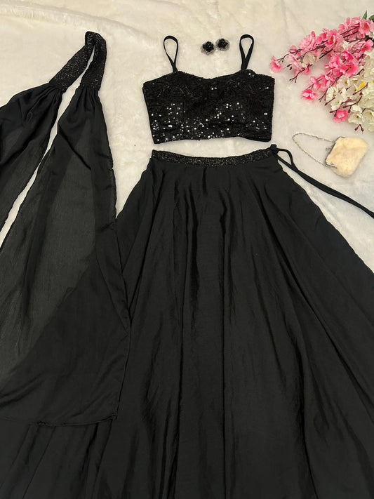 Elegant Black Sequin Party Lehenga Set | Fully Stitched | Padded Blouse