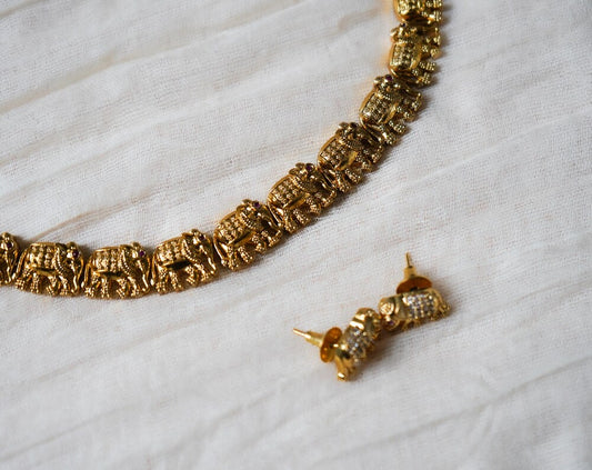 Mini Elephant Choker Necklace Set | Pink stones