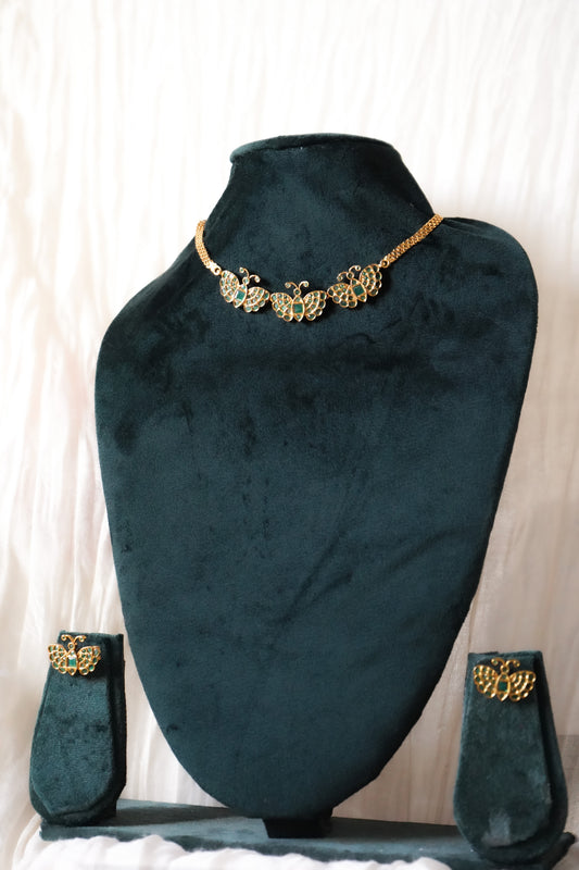 Butterfly Emerald-style South Indian Necklace & Earrings | Premium Gold-Plated Set
